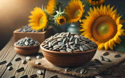 Close-up of sunflower seeds in a rustic bowl, highlighting their texture and natural appeal.