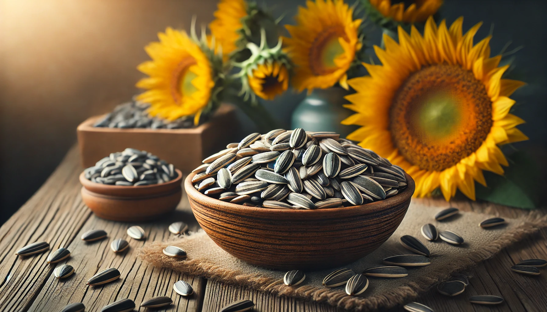 Close-up of sunflower seeds in a rustic bowl, highlighting their texture and natural appeal.