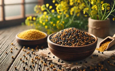 lose-up of mustard seeds in a rustic bowl, highlighting their texture and natural earthy tones.