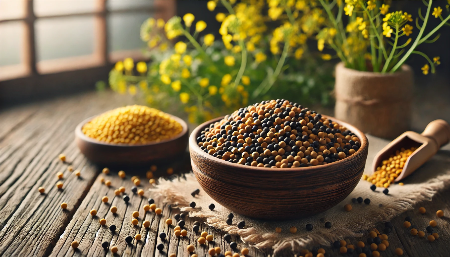 lose-up of mustard seeds in a rustic bowl, highlighting their texture and natural earthy tones.