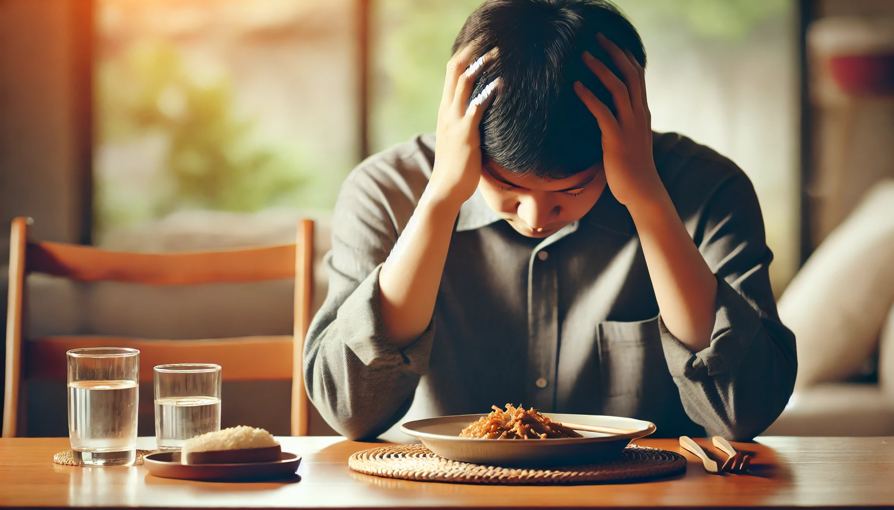 A person holding their head at the dining table, symbolizing headache after eating.