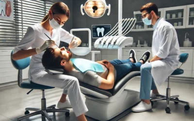 Dentist performing a root canal treatment, with dental tools and patient in focus.