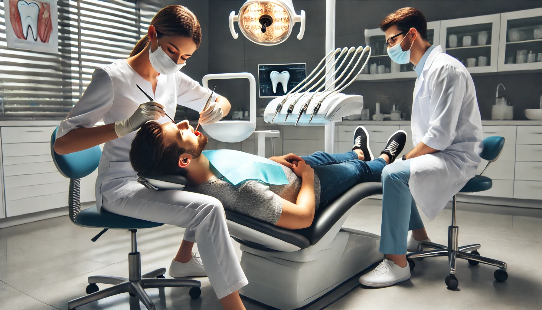 Dentist performing a root canal treatment, with dental tools and patient in focus.