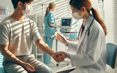 Medical professional performing an FNAC test on a patient in a clinical setting.