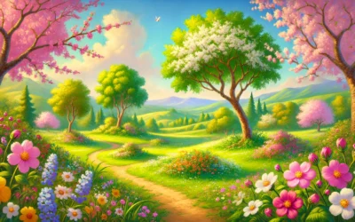 A vibrant spring landscape depicting Bart Springtime with blooming flowers, lush greenery, and serene skies.