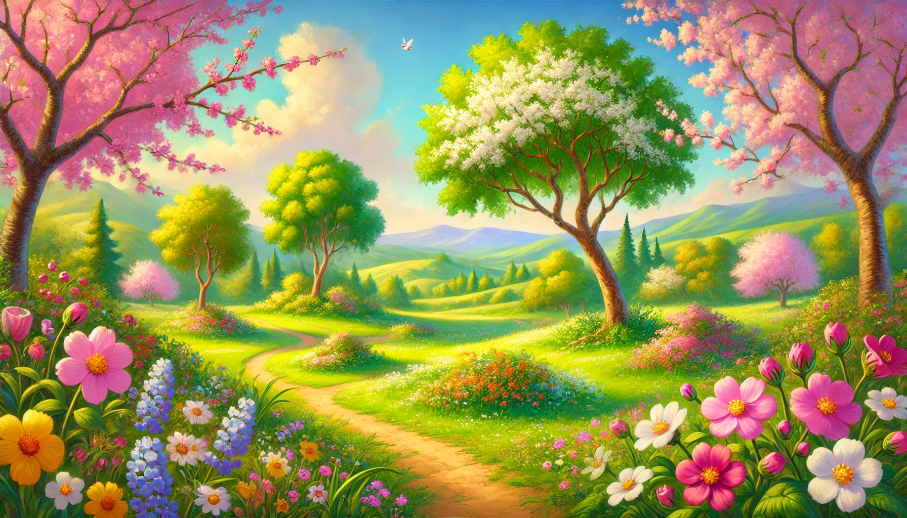 A vibrant spring landscape depicting Bart Springtime with blooming flowers, lush greenery, and serene skies.