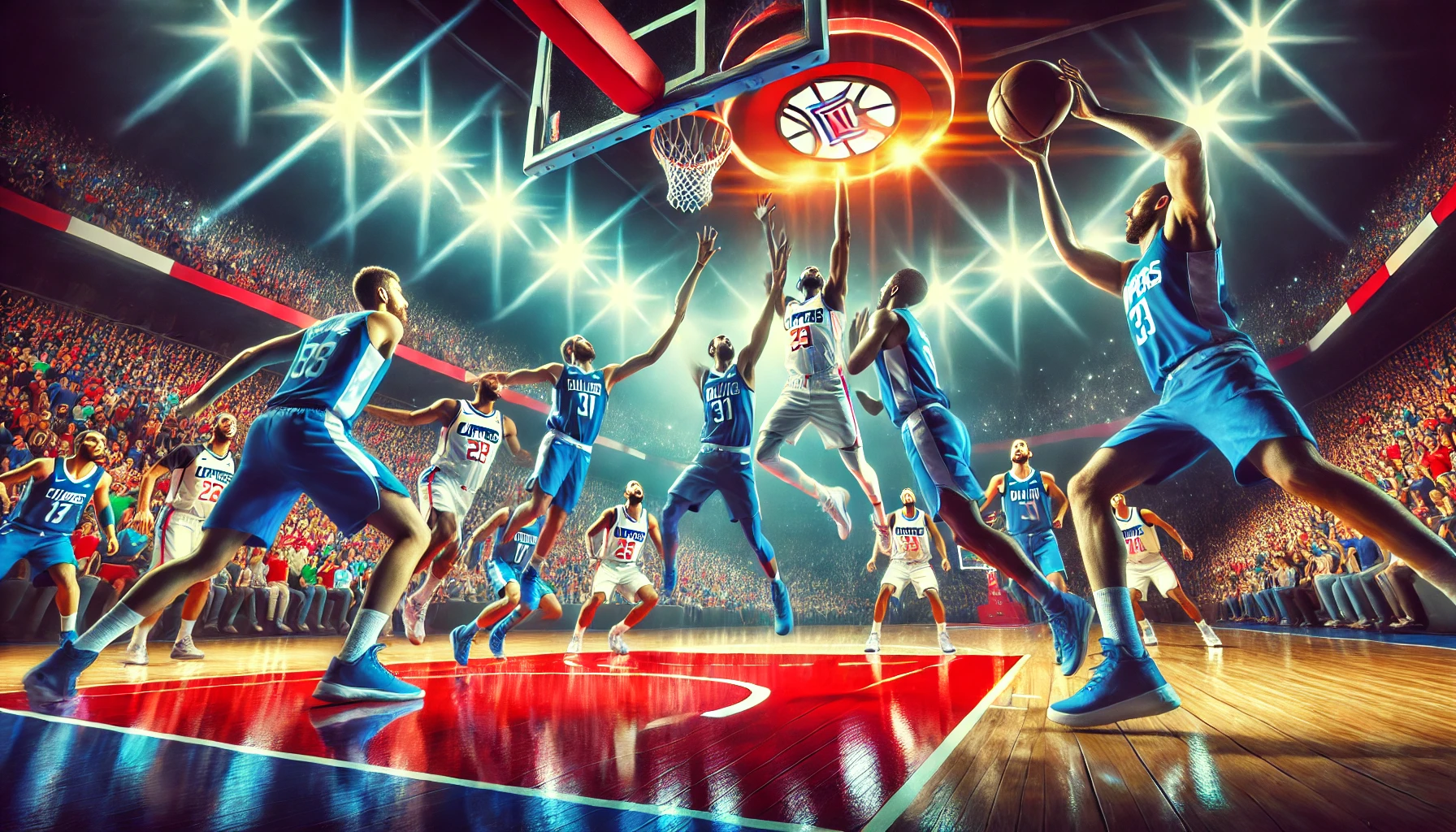 A dynamic basketball game showcasing Clippers vs Dallas Mavericks players in action.