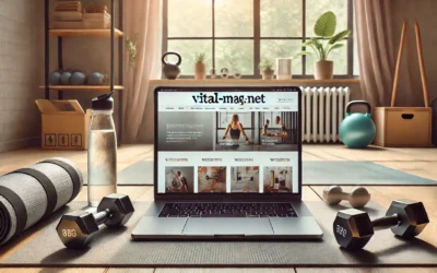 health and fitness workspace, featuring a laptop displaying the //vital-mag.net blog, surrounded by exercise gear.