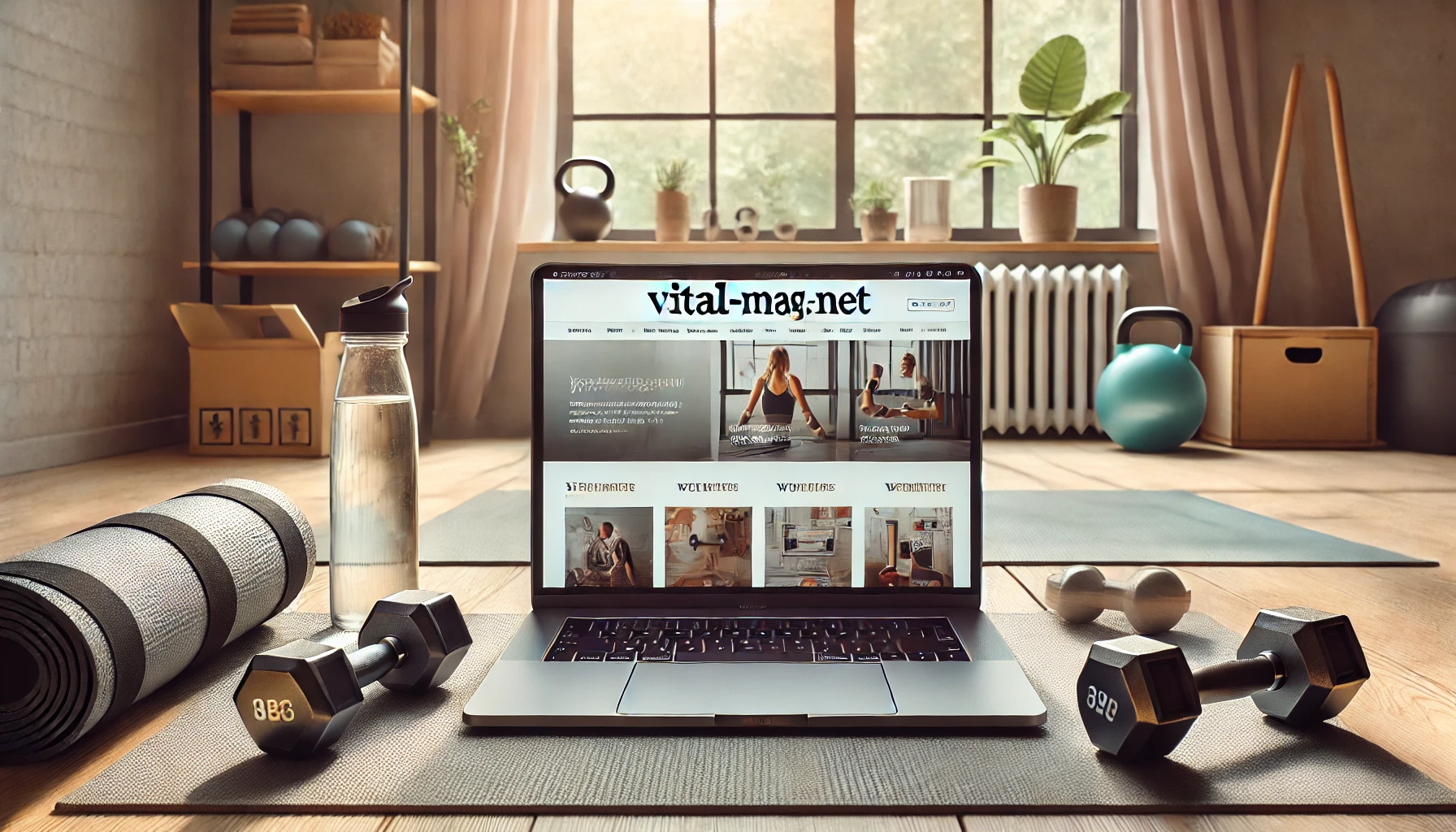 health and fitness workspace, featuring a laptop displaying the //vital-mag.net blog, surrounded by exercise gear.