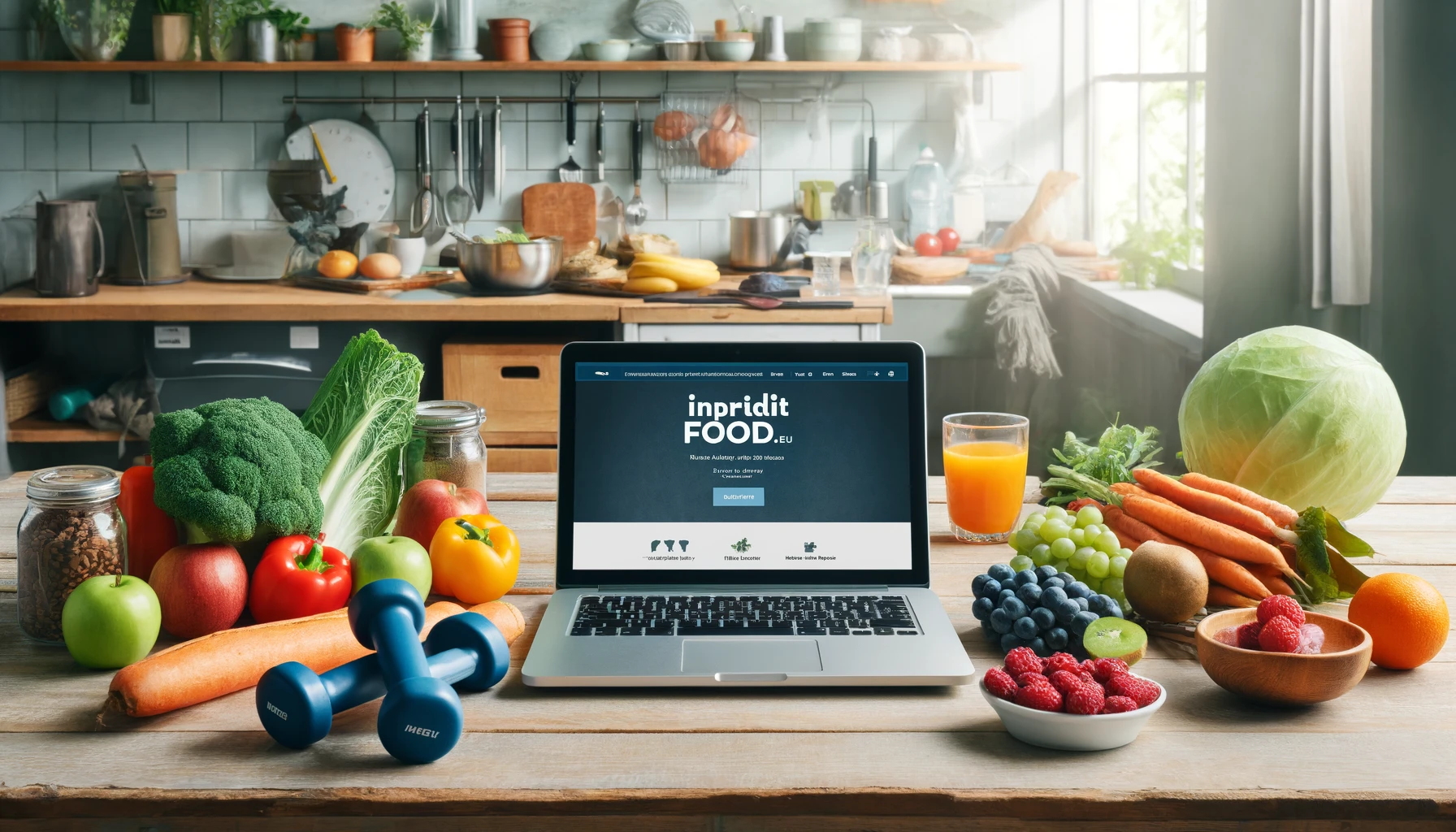 intrepidfood.eu on a laptop, surrounded by healthy food items and fitness gear.